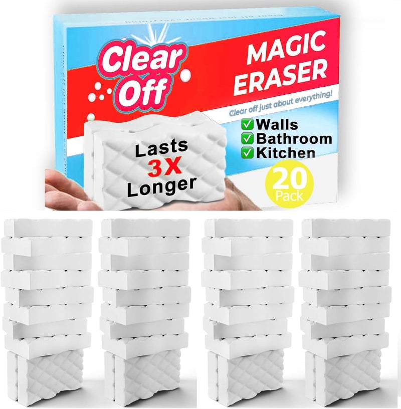 Clear Off 20 Pack Upgraded Magic Sponge Eraser Extra Large Super Powerful - Melamine Sponge for All-Purpose Cleaning, Oven Cleaner, Wall Cleaner, Dish, Kitchen, Baseboards, Sink, Sneaker, Car, Bathroom - Image 1